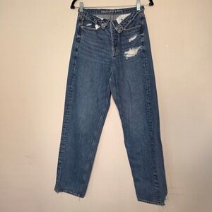 American Eagle Jeans Women 25 Blue Fold Over Waist Distressed Straight Leg Denim